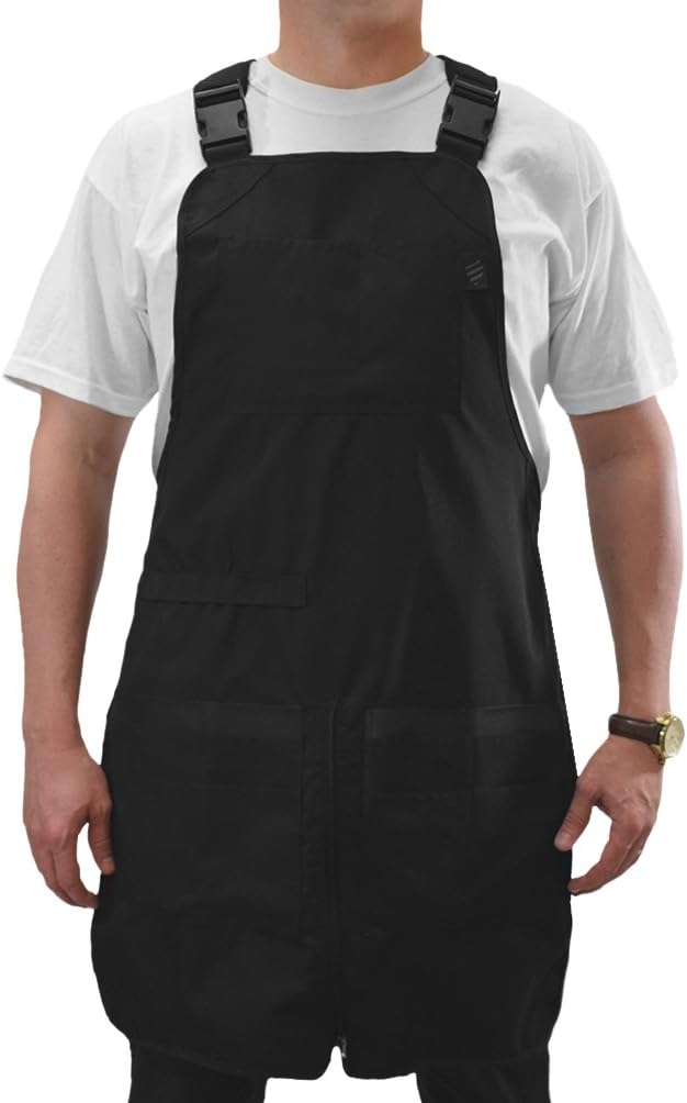 Barber Strong The Barber Apron, Black, Hair Repellent, Ultra Lightweight with Adjustable Padded Harness, Zippered Split Leg, Easy Hair Removal from Pocket, Extra-Wide Fit