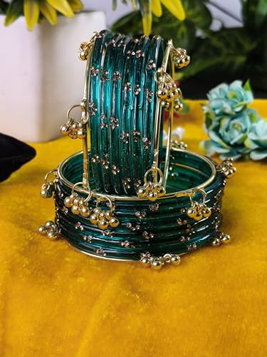 Image of NMII Viral Multi Colour Glass Bangles with Golden Ghungroo Charms & Stone Work For Women & Girls | Fancy Designer Glass Bangle | Traditional Chudi | Kanch Ki Churi | Stylish Ghungroo Bangle For Women