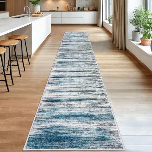KOZYFLY Modern Abstract Hallway Runner Rug, 2.6x16 Washable Rug Runner Non-Slip Soft Striped Kitchen Runner Rugs, Print Distressed Blue Carpet Runner for Entryway Bathroom Laundry Room Foyer