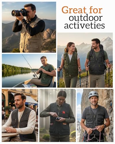Image of Mens Gilet Waistcoat Safari Multi Pocket Fishing Hunting Hiking Vest Waistcoat Jacket Breathable Photography Top