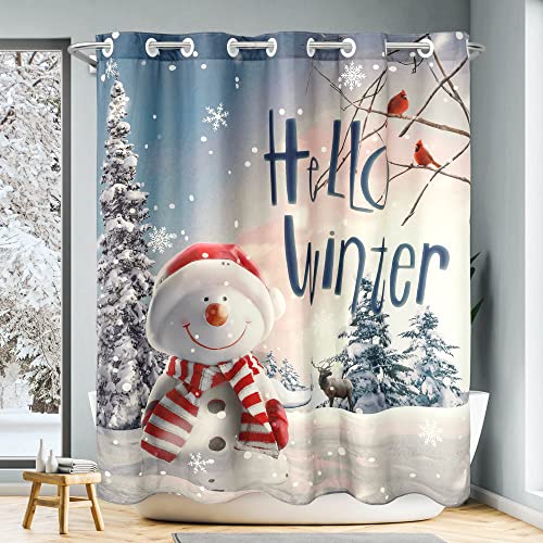 Image of No Hook Winter Shower Curtain - Snowman Shower Curtain Fabric for Holiday Winter Scene Bathroom, Machine Washable, 71x74