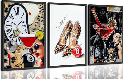 XCDVVAW Lucky Me 3 Piece Trendy Bar Cart Wall Art - Leopard Print Heels & Red Martini Canvas Set, Retro Pop Art Decor for Bachelorette Pad Living Room Bar, Unframed Gallery-Wrapped Artwork (12"x16")