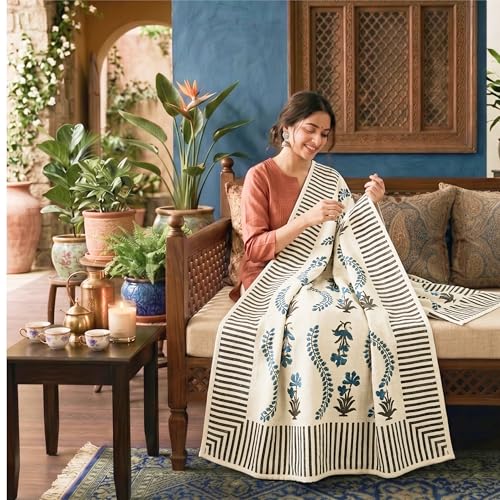 Image of SAJAVAT HOME Hand-Knitted Slub Cotton Sofa Throw | All-Season Throw Blanket for Sofa, Bed, Couch, Chair & Travel | 80x52 Inches (204x132 cm) | White Printed with | Pack of 1