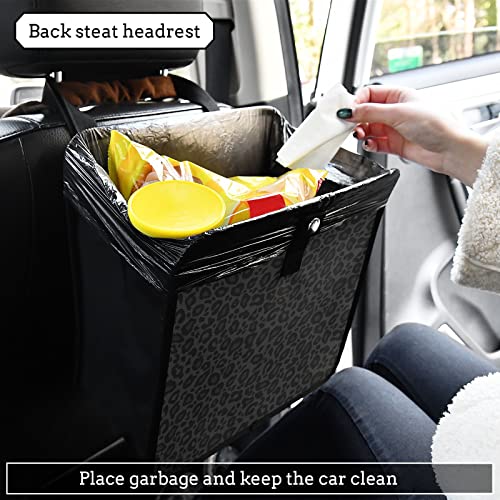 Image of Black Leopard Car Trash Can, Cheetah Foldable Hanging Car Trash Bag, Animal Skin Print Small Waterproof Car Accessories Garbage Bin