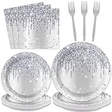 96 Pieces Silver Glitter Party Tableware Set for Denim and Diamonds Party Decorations Silver Plates and Napkins Forks Glitter Diamonds Theme Birthday Table Decorations for 24 Guests Parties Supplies