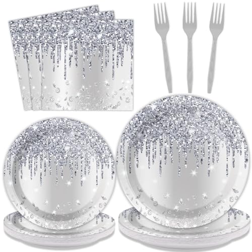 Image of 96 Pieces Silver Glitter Party Tableware Set for Denim and Diamonds Party Decorations Silver Plates and Napkins Forks Glitter Diamonds Theme Birthday Table Decorations for 24 Guests Parties Supplies