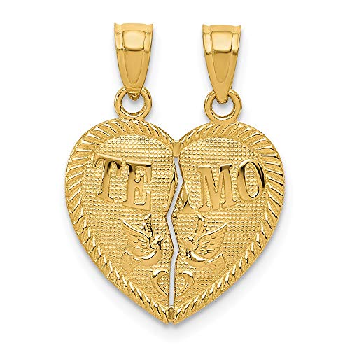 Solid 14k Yellow Gold Break Apart Diamond-cut Te Amo Spanish I Love You Heart Pendant Charm - 21mm x 15mm