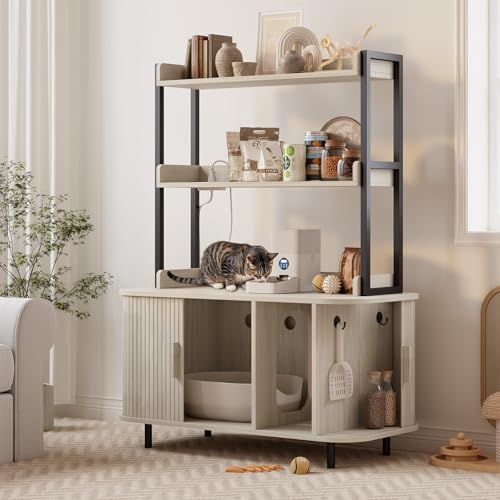 Image of ONBRILL 54 Inch Hidden Litter Box Furniture with Shelves and Outlets, White