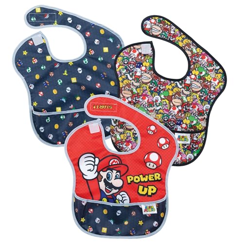 Image of Bumkins Nintendo Bibs for Girl or Boy, SuperBib Baby and Toddler 6-24 Months, Essential Must Have for Eating, Feeding, Baby Led Weaning, Mess Saving Waterproof Soft Fabric, 3-pk Super Mario Power Up