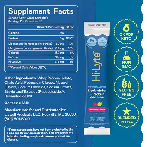 Image of Hi-Lyte Electrolytes + Protein Quick Sticks Raspberry Lemon, 16 Servings - Sodium, Potassium, Whey Protein - Keto Friendly - 5g Protein, No Sugar
