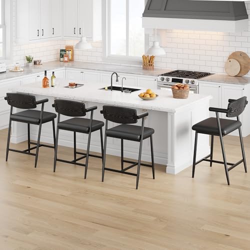 Image of GarveeHome Counter Height Bar Stools Set of 2 with Arms, 26 in Upholstered Modern Bar Stools Set with Wood Back & Footrest for Kitchen Island, Counter Bar, Wider Seat, Easy Assembly,Retro Black