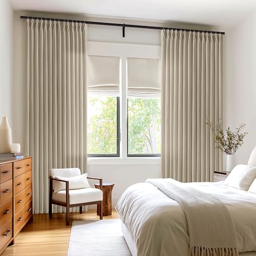 Image of Light Brown Pinch Pleat Semi Sheer Linen Curtains 80 Inch Long for Bedroom | Burlap Linen Textured, Memory Shape Hook Rings, Light-Filtering Privacy, Farmhouse Rustic Cottage, Light Tan Camel Tan Khaki
