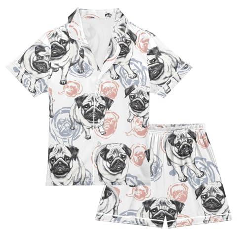 ALAZA Pug Dog Bulldog Stylish Pajamas Satin Pajama Set Short Sleeve Button Down Sleepwear