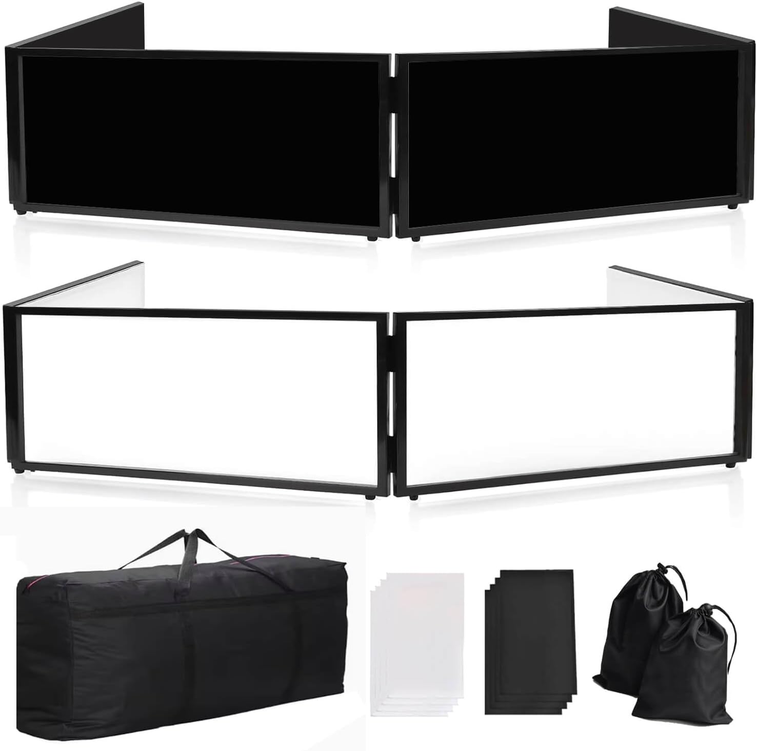 DJ Booth Facade – 67" x 19.7" x 16" Portable DJ Event Booth with Black & White Scrims, with Foldable Panels & Travel Bag, Adjustable for Custom Setup, Ideal for Weddings & Shows