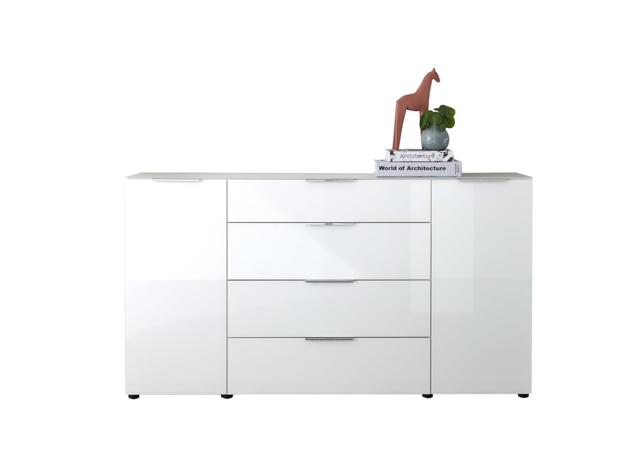 Sideboard Kommode SANTORIN weiß 180 cm breit mit Glasfront, Schrank Korpus in weiß mit Oberboden in Glas und Schubladen für Ihren Wohnbereich - 180 x 99 x 40 cm (B/H/T)