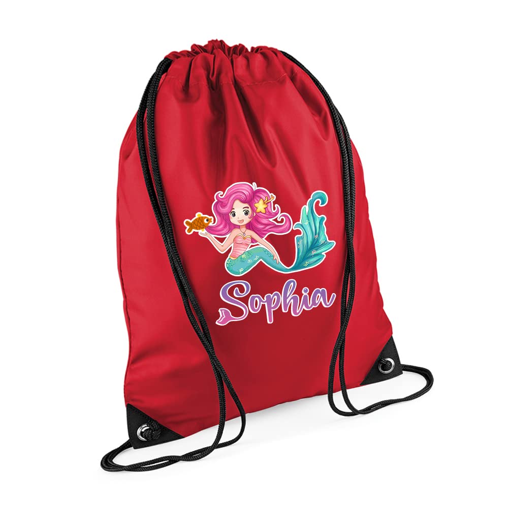 Mermaid Girl Gift Bag Personalised Backpack Mermaid Bag Gift for Kids-Girl Toddlers Birthday Girl Drawstring Bag, PE Gym Kit Swimming, Sport Rucksack. (Classic Red)