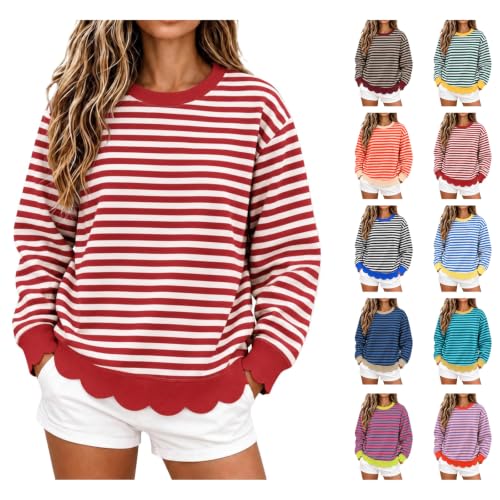 Womens Scalloped Crewneck Sweatshirt Striped Long Sleeve Tops 2026 Red - image 1