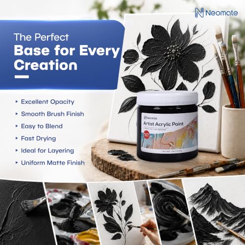 Image of Neomate Acrylic Colour Black 500ml | Art & Craft, DIY, Rich Pigment, Non-Craking Paint for Canvas, Wood, Leather, Earthenware, Metal | Ideal for school projects, Hobbyists, Artists