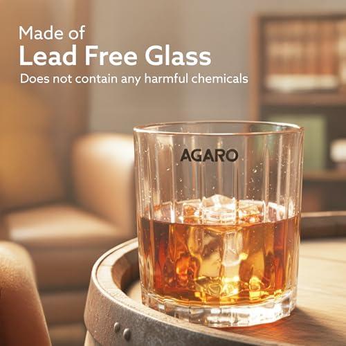 Image of AGARO Elegant Whiskey Glass, Set of 6, 325ML, Vertical Stripe Cut Design, Crystal Clear Tumbler Set, Home, Bar Drinking Glass Set for Scotch, Whisky, Bourbon, Liquor, Wine, Cocktail Drinks, Gifting