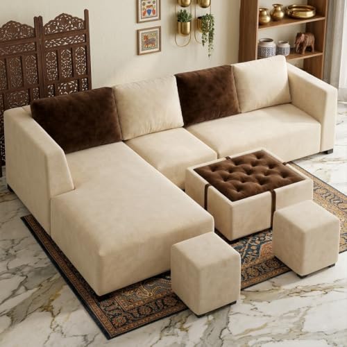 Image of FURNY Olympus 8 Seater LHS L Shape Sofa Set | Plush Velvet Suede Fabric | Modern Design | Soft Comfort Dual Color Cushions for Living Room, Office & Hotels (Cream-Dark Brown)