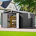 10x12 FT Outdoor Storage Shed, Metal Garden Shed - Tool Storage Sheds with Lockable Doors & 1 Vented Clear Window, Waterproof Outside Storage Building for Backyard, Patio (Black; Floor Not Included)