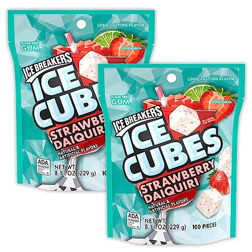 Ice Breakers Ice Cube Gum - 2 Packs of 100 Pieces - Strawberry Daiquiri Sugar Free Gum - Strawberry Flavored Chewing Gum