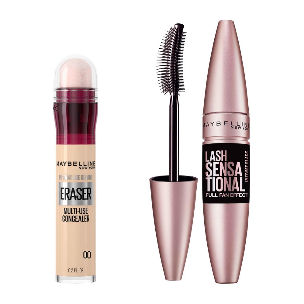 Maybelline New York Lash Sensational Yelpaze Etkili Intense Black Maskara - Ekstra Siyah & Instant Anti Age Eraser Kapatıcı - 00 Ivory Makyaj Seti