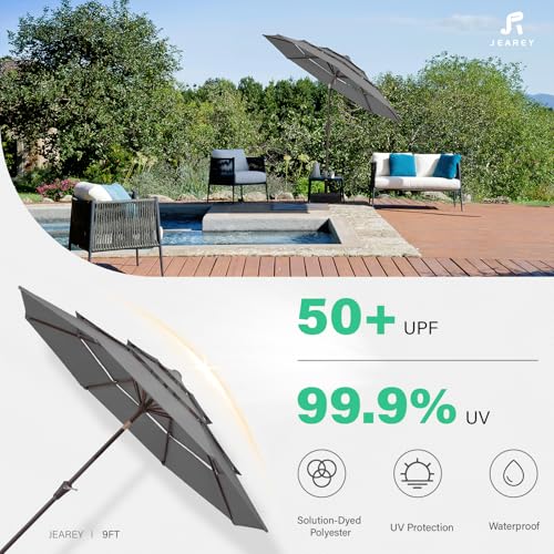 Image of JEAREY 9FT 3 Tier Patio Umbrella Outdoor Market Umbrella Table Umbrellas with 8 Ribs 1.5 Pole Push Button Tilt and Crank UV Protection for Garden,Backyard,Gray