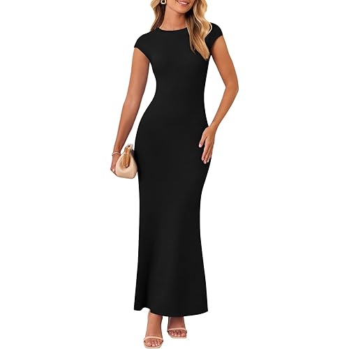 MEROKEETY Women's Cap Sleeve Rib Knit Maxi Dress Crew Neck Slim Fit Bodycon Summer Sweater Dresses