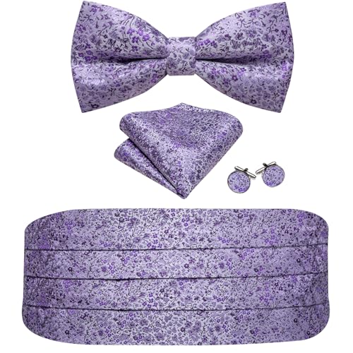 Image of Barry.Wang Men Silk Paisley Cummerbund and Pre-tied Bowtie Handkerchief Cufflink Set for Tuxedo