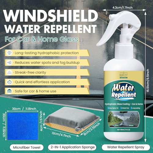 Image of Glass Water Repellent Spray - Hydrophobic Rain Repellent for Car Windshield, Shower Doors, Windows & Mirrors - Long-Lasting Waterproof Treatment, Streak-Free Vision, Prevents