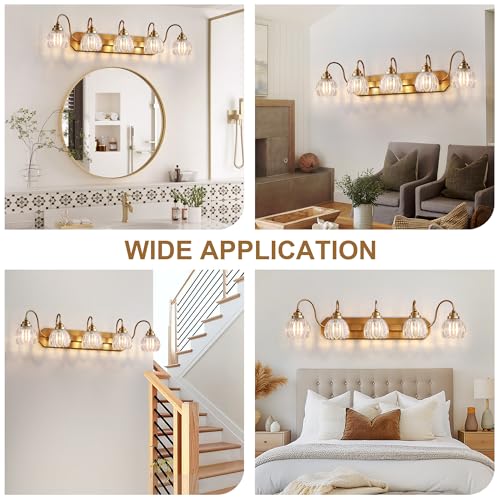 Image of Vintage Gold Bathroom Light Fixtures,5 Light Tulip Crystal | Brushed Gold Vanity Lights,Matte Antique Brass Finish, Mid Century Style, Wall Sconces for Bedroom, Easy to Install