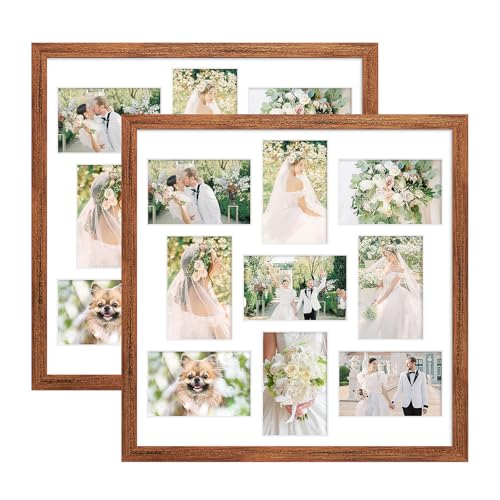 KSROECUD 17x17 Collage Frame with 9 Openings 4X6 Pictures Multiple Picture Frame with Mat Wall or Tabletop Decor Carbonized Brown Wood Grain 2 Pack