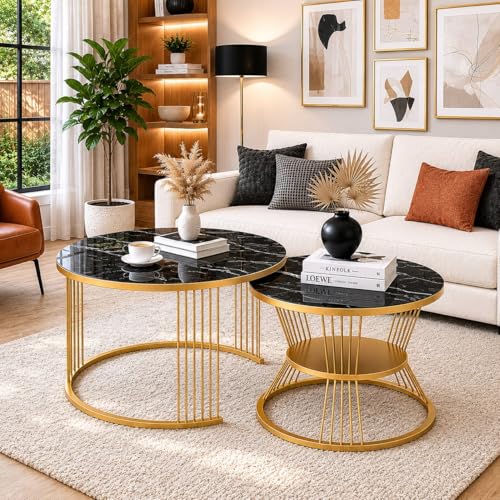Image of Roldo Modern Nesting Coffee Table Set of 2 for Living Room, Round Coffee & Side Table with Metal Frame and Marble Finish MDF Top, Center Table for Sofa, Home Decor Office & Apartment (Gold Black)