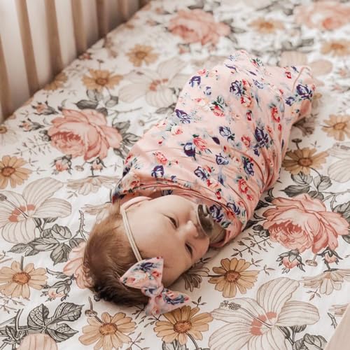 Image of DRESHOW BQUBO Baby Girl Newborn Receiving Blanket with Bow Hat Headband Wooden Birth Announcement Card Set Baby Floral Print Nursery Swaddle Wrap