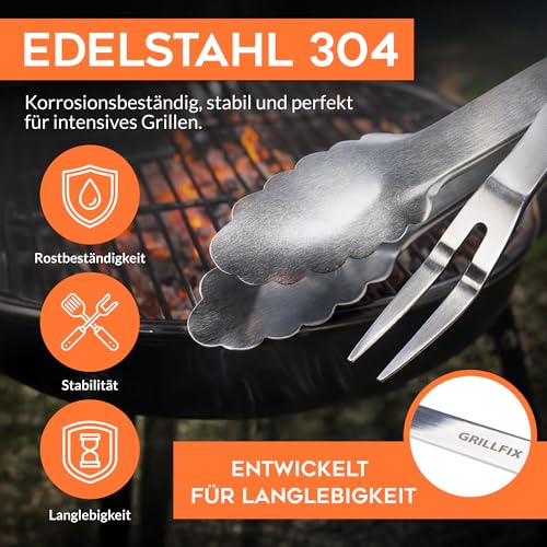 GRILLFIX BBQ Grillbesteck Set 3-teilig – Grillzange Edelstahl 38 cm mit Holzgriff, Grillmesser & Fleischgabel, extra Lange Küchenzange Kochzange für Grill, Küche, Papa Geschenk Vatertag 3