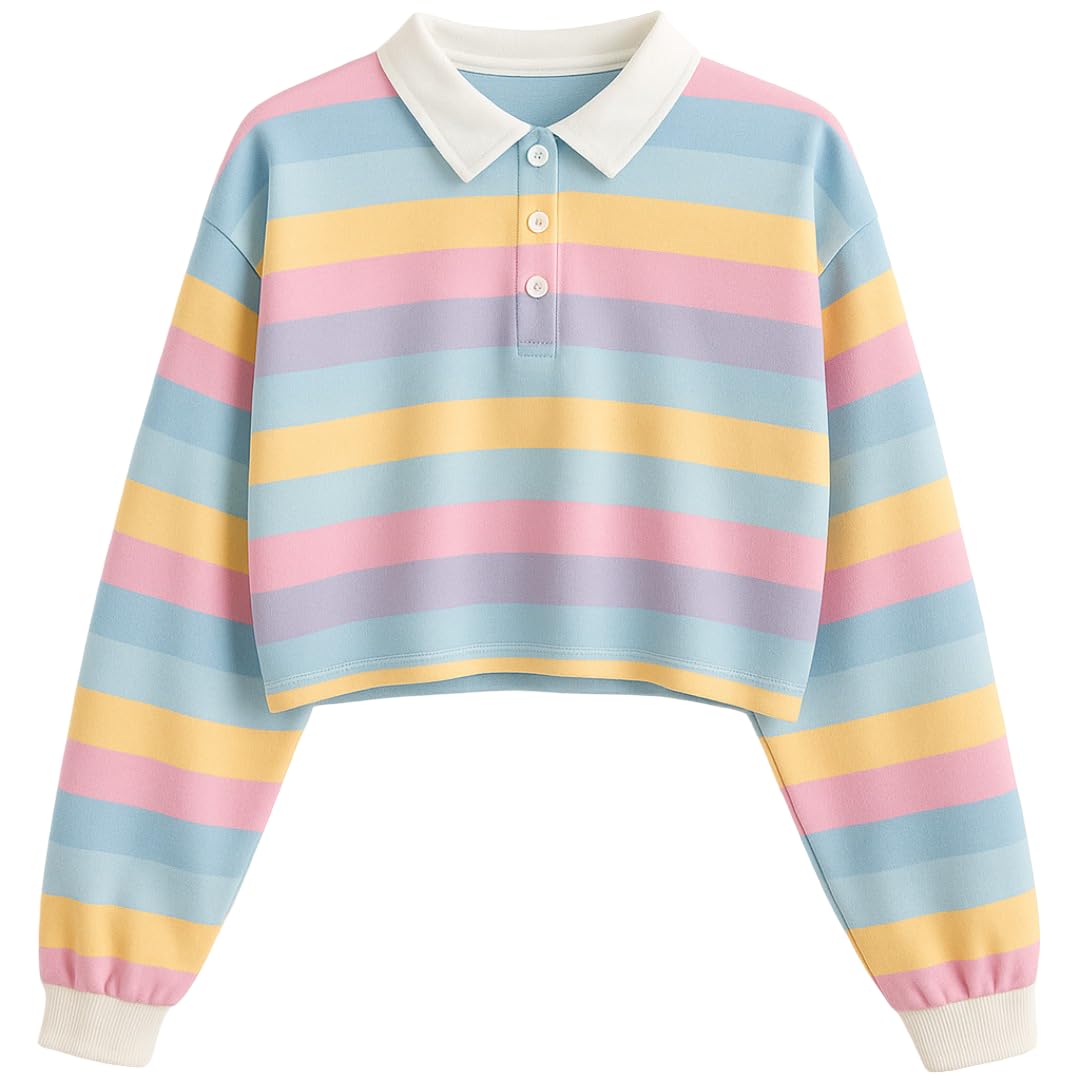 aaryainnl Rainbow Striped Crop Polo t Shirt, Long Sleeve, White Collar, Multi-Colour-picture-42