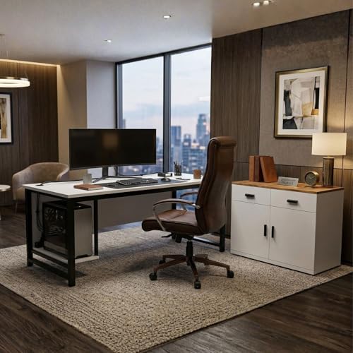 Image of Executive Director Desk | Office Table | Manager Cabin Work Desk with Modesty Panel & Cable Grommet | Sturdy Metal Frame | White Top & Black Base | DIY Installation.