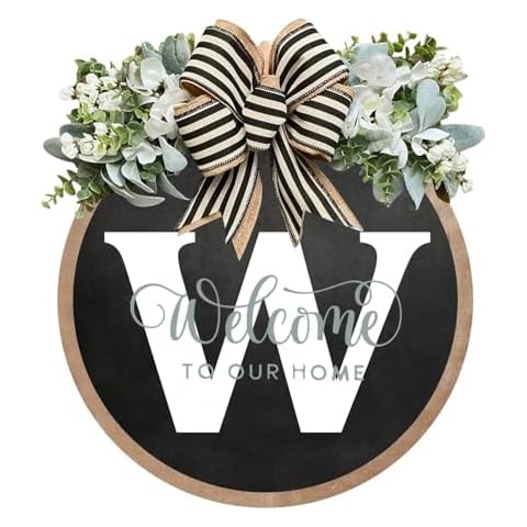Circular Front Door Garland Surname Welcome Sign Garland, 26 Letter House Garland, Front Porch Decorations,Farmhouse Wreath, Door Hanging Decorations,Year-Round Front Door Wreath Home Decor Wreath (W) Cover