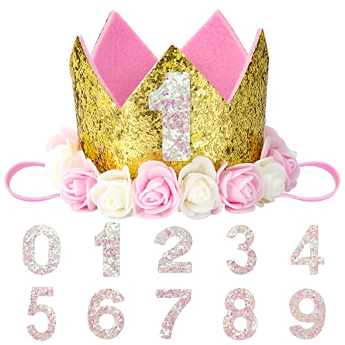 HOTKMB Sombreros de corona de cumpleaños con purpurina con rosas y números intercambiables del 0 al 9 para bebés, perros, gatos, color dorado