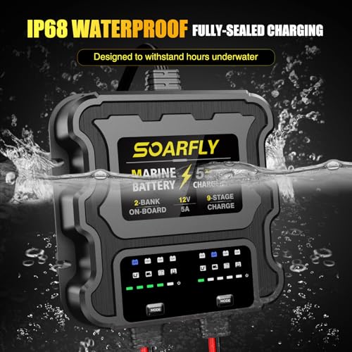 Image of SOARFLY 2 Bank Marine Battery Charger, 10A (5A /Bank) 12V Waterproof On BOAD Boat Battery Charger, Battery Maintainer & Desulfator for SLA /AGM, Lithium (LiFePO4), Calcium & Deep-Cycle Battery