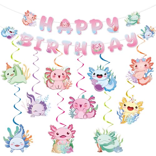 Image of Gameza Colorful Axolotl Birthday Decorations - 12PCS Axolotl Party Decorations Happy Birthday Banners Hanging Swirls Cute Funny Pink Blue Green Yellow Animals Themed Party Decor Supplies