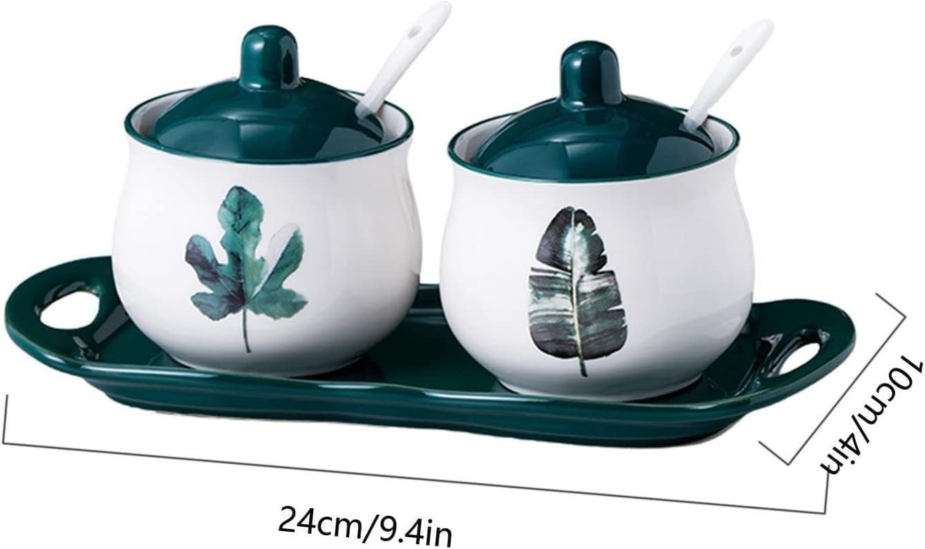 Zuccheriera in Porcellana zuccheriera nordica con Coperchio Motivo a pianta Verde Barattolo per la conservazione 200 ml/7 oz zuccheriera in Porcellana,3 Set di Un