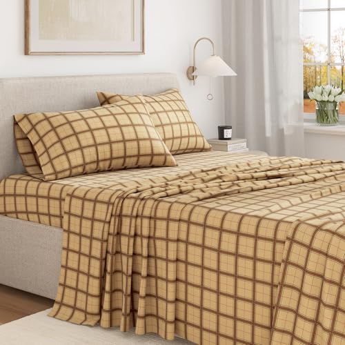 Image of Great Bay Home Flannel Sheets Full Size - 100% Turkish Cotton, Double-Brushed, Plaid and Stripe Bed Sheet Set - Ultra-Soft, Cozy, 4-Piece Bedding Set (Block Plaid - Taupe /Green /Red)