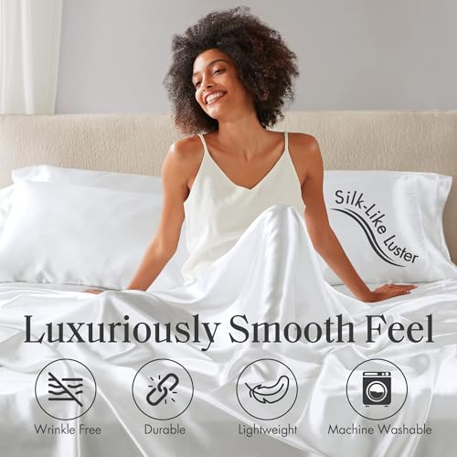 Image of Madison Park Essentials Satin Sheets Queen Size Bed Set, 6 Piece, White | Luxury and Smooth Silky Bedding with Natural Sheen, All Around Elastic 14 inch Pocket fits up to 16 inch Mattress, Year-Round Cozy