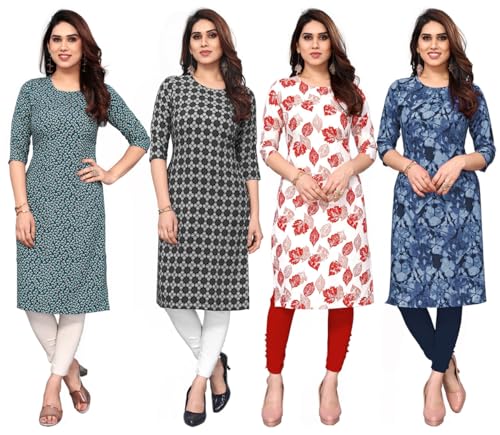 Image of JAKHANA Women's Crepe Printed Casual Straight Calf Length Round Nick Kurta Pack of 4