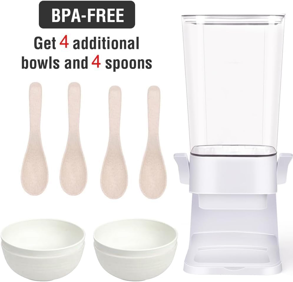 Miniatura 7 de Dispensador de cereales para encimera con 4 tazones y cucharas, contenedor grande de almacenamiento de cereales de 5.5 cuartos de galón para