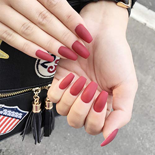 Long Press on Nails Fake Matte Designs for Women, DiscountOne Dark Red Frosted Nails Full False Fake Nail Tips Art Fashion Design Kit