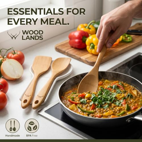 Image of Prime Bamboo Wooden Spoons for Cooking Set of 3 Pcs - Wooden Cooking Utensils with Long Handle, Includes Flat Wood Spoon, Bamboo Spatula, and Slotted Spoon for Kitchen Utensils Set