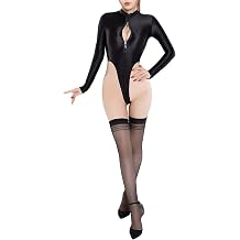 Woman's Sheer Shiny Lingerie High Neck Long Sleeve Zipper Bodysuit